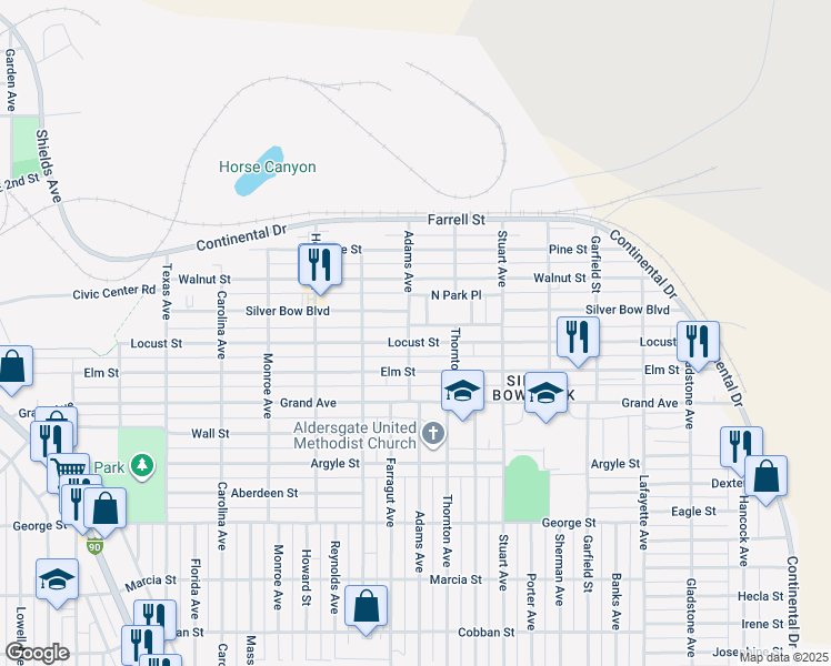 map of restaurants, bars, coffee shops, grocery stores, and more near 2403 Locust Street in Butte