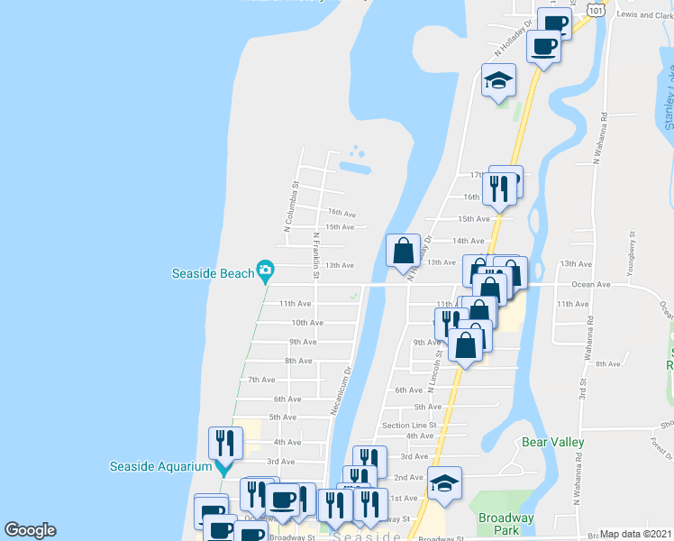 map of restaurants, bars, coffee shops, grocery stores, and more near 451 13th Avenue in Seaside