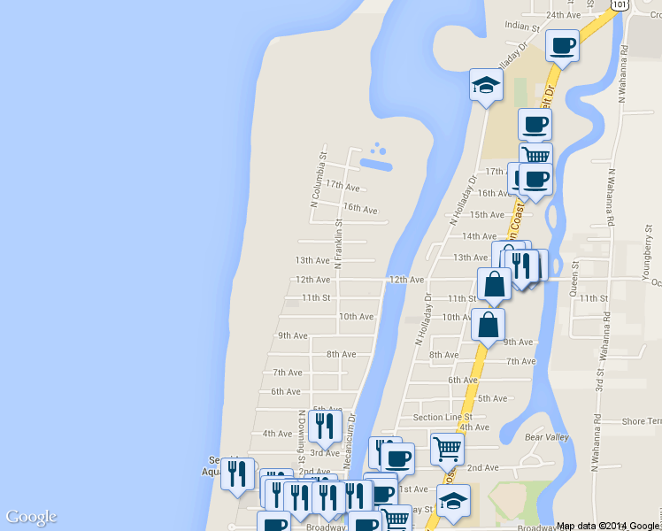map of restaurants, bars, coffee shops, grocery stores, and more near 251 13th Ave in Seaside