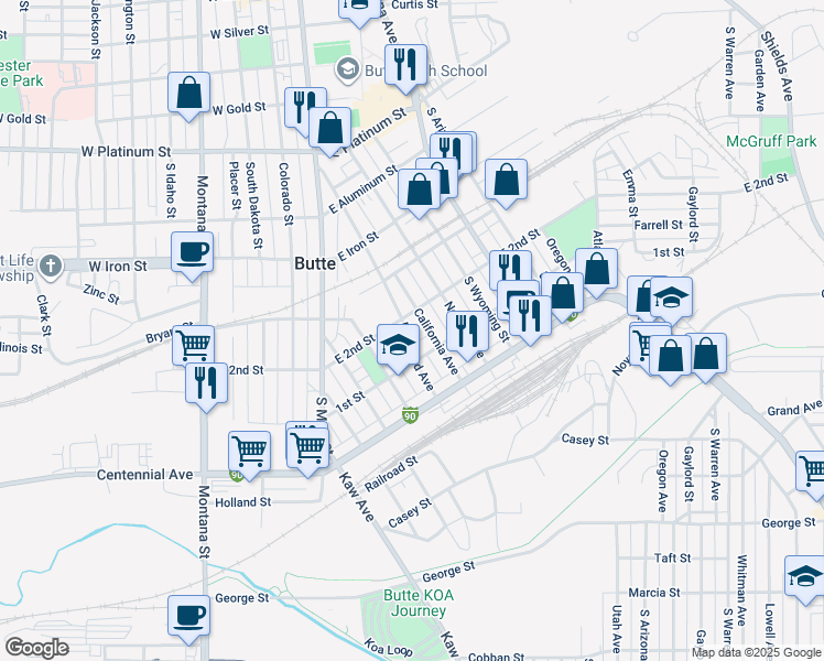 map of restaurants, bars, coffee shops, grocery stores, and more near 1003 Maryland Avenue in Butte