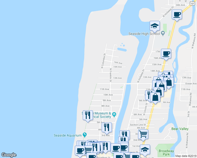 map of restaurants, bars, coffee shops, grocery stores, and more near 1209 North Promenade in Seaside