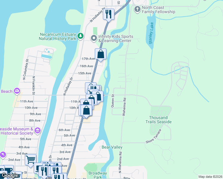 map of restaurants, bars, coffee shops, grocery stores, and more near 1280 Queen Street in Seaside