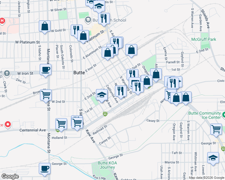 map of restaurants, bars, coffee shops, grocery stores, and more near 1030 California Avenue in Butte