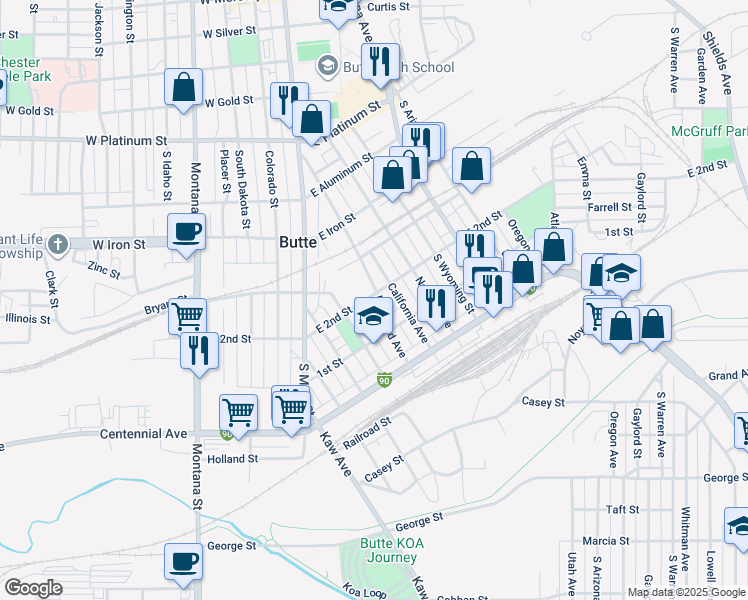 map of restaurants, bars, coffee shops, grocery stores, and more near 1003 Maryland Avenue in Butte