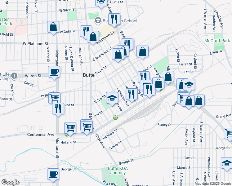 map of restaurants, bars, coffee shops, grocery stores, and more near 1003 Maryland Avenue in Butte