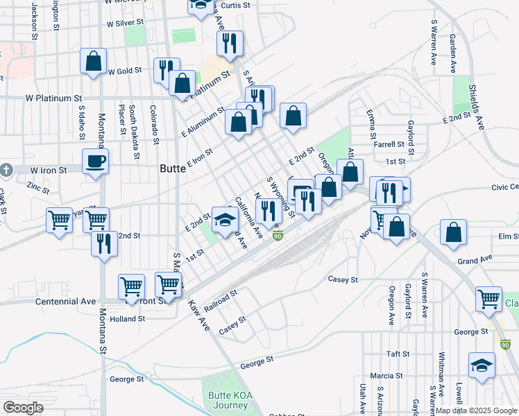 map of restaurants, bars, coffee shops, grocery stores, and more near 1041 Nevada Avenue in Butte