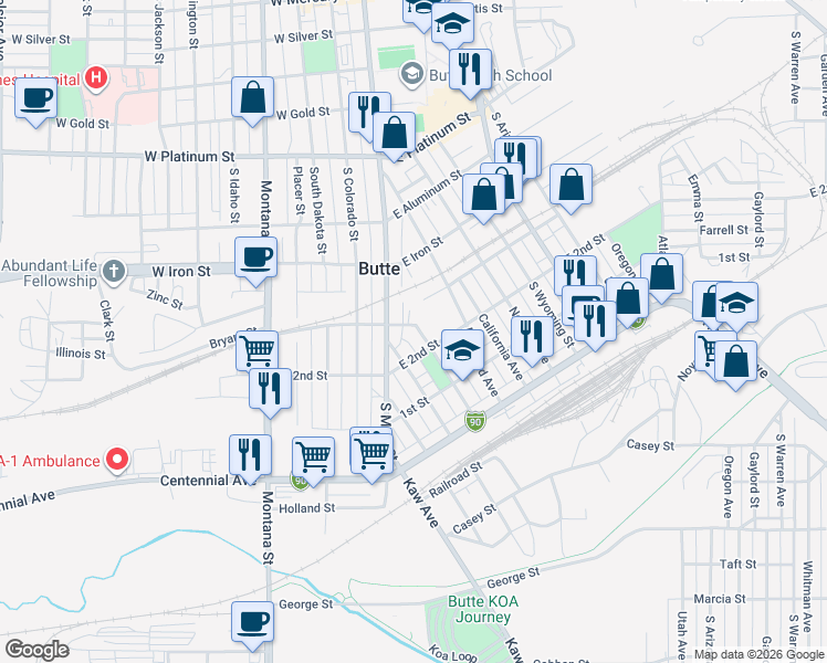 map of restaurants, bars, coffee shops, grocery stores, and more near 901 Delaware Avenue in Butte