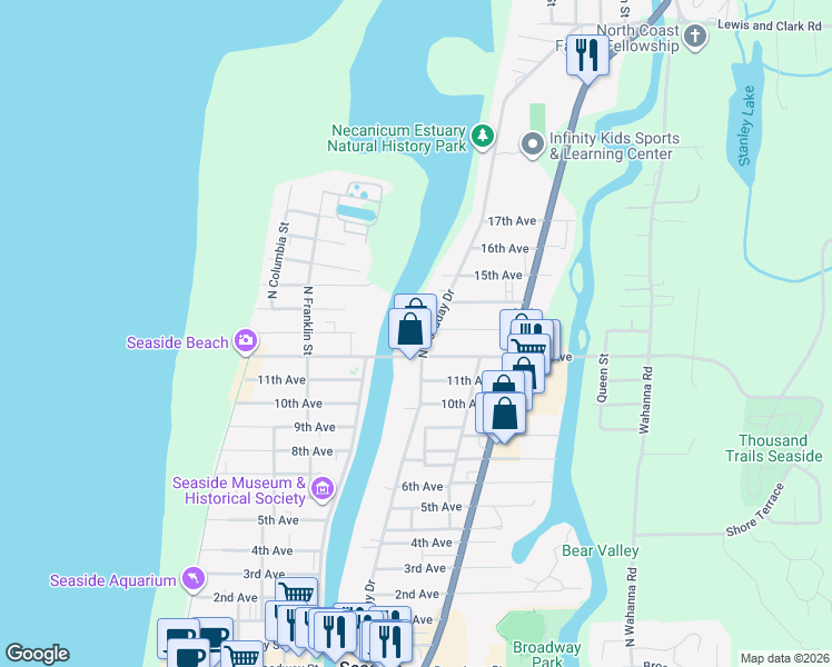 map of restaurants, bars, coffee shops, grocery stores, and more near 1270 North Holladay Drive in Seaside