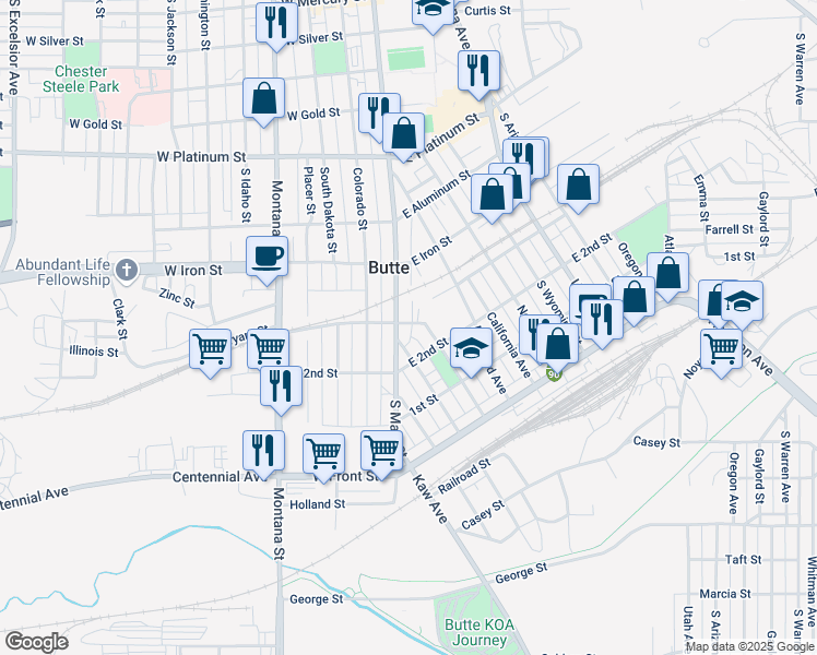 map of restaurants, bars, coffee shops, grocery stores, and more near 907 South Main Street in Butte