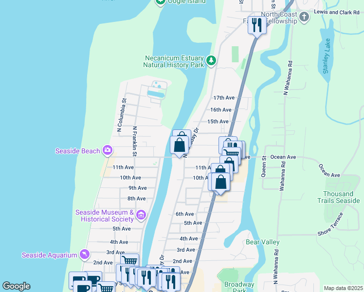 map of restaurants, bars, coffee shops, grocery stores, and more near 1270 North Holladay Drive in Seaside