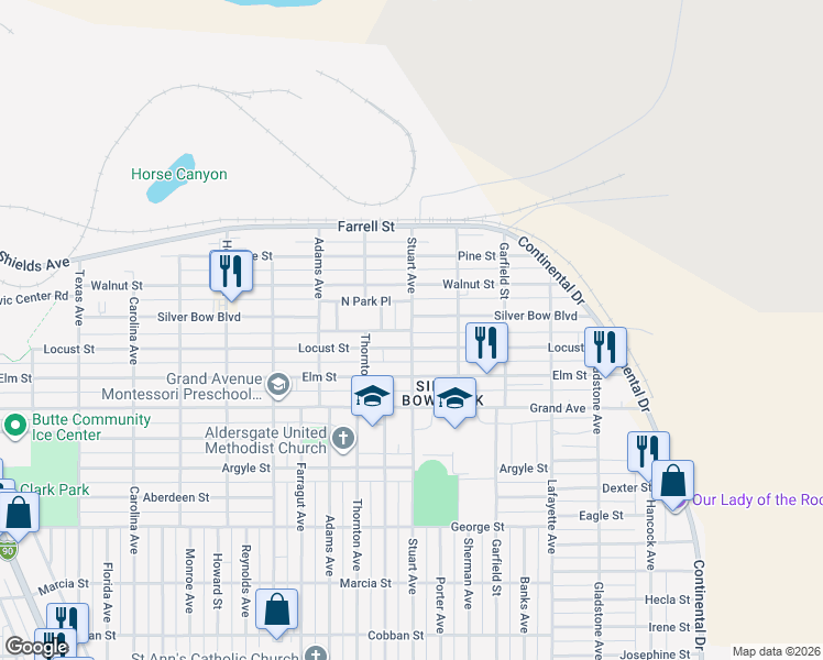 map of restaurants, bars, coffee shops, grocery stores, and more near 1455 Stuart Avenue in Butte