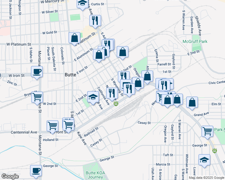 map of restaurants, bars, coffee shops, grocery stores, and more near 1046 Nevada Avenue in Butte