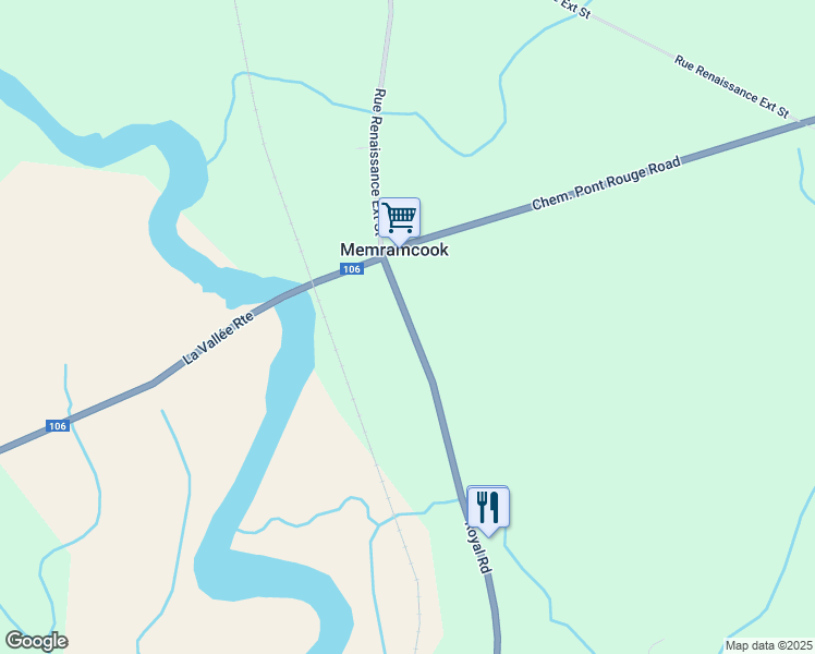 map of restaurants, bars, coffee shops, grocery stores, and more near 640 Royal Road in Memramcook
