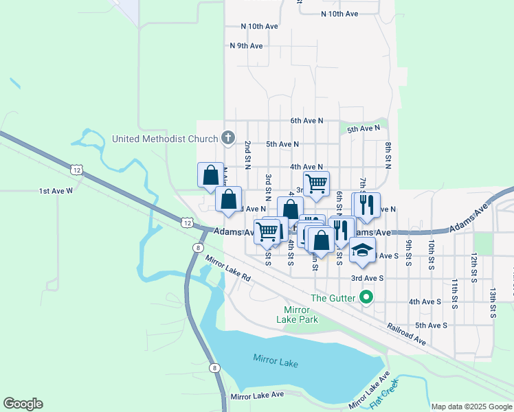 map of restaurants, bars, coffee shops, grocery stores, and more near 204 2nd Avenue North in Hettinger