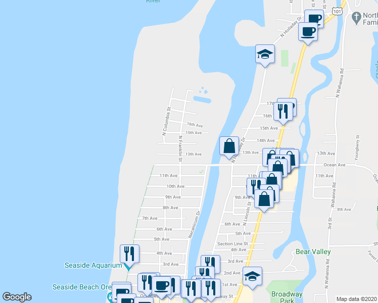 map of restaurants, bars, coffee shops, grocery stores, and more near 440 13th Avenue in Seaside