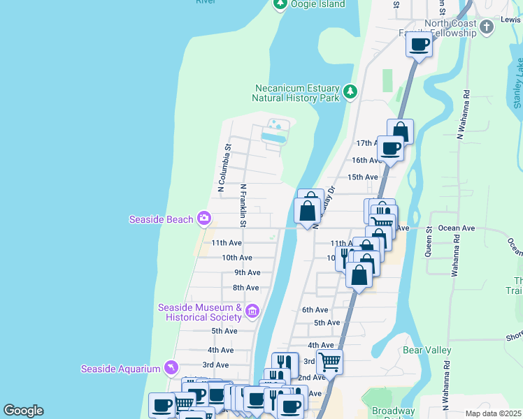 map of restaurants, bars, coffee shops, grocery stores, and more near 451 13th Avenue in Seaside