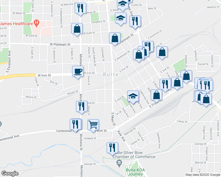 map of restaurants, bars, coffee shops, grocery stores, and more near 907 South Main Street in Butte