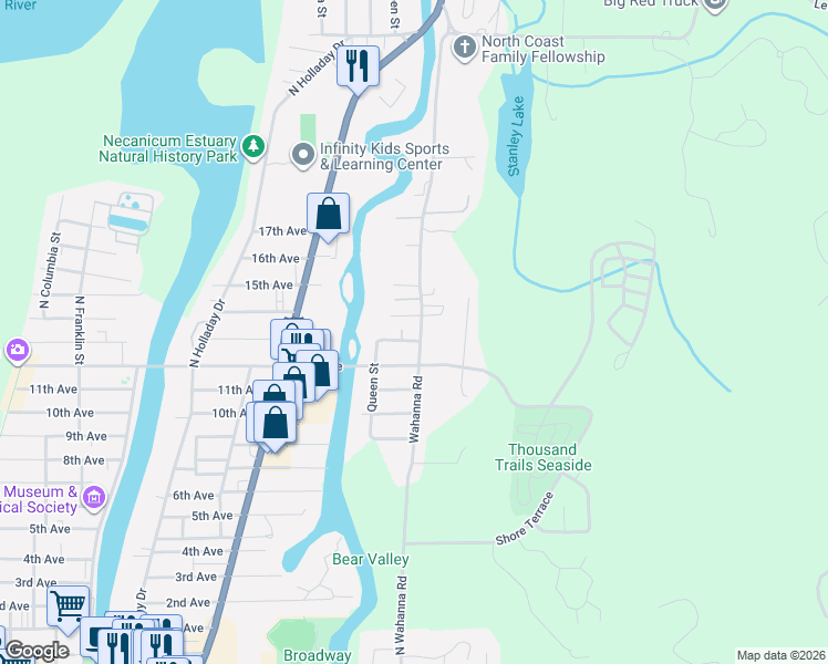 map of restaurants, bars, coffee shops, grocery stores, and more near 1380 North Wahanna Road in Seaside