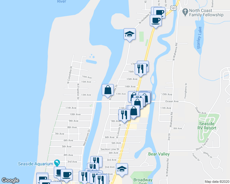 map of restaurants, bars, coffee shops, grocery stores, and more near 710 13th Avenue in Seaside
