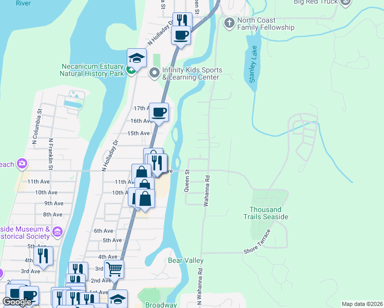 map of restaurants, bars, coffee shops, grocery stores, and more near 1280 Queen Street in Seaside
