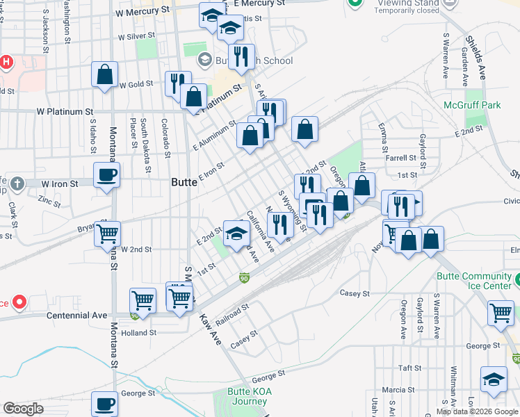 map of restaurants, bars, coffee shops, grocery stores, and more near 1030 California Avenue in Butte
