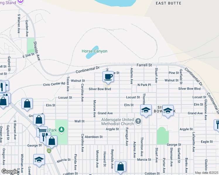 map of restaurants, bars, coffee shops, grocery stores, and more near 2121 Locust St in Butte