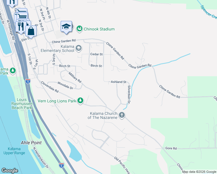 map of restaurants, bars, coffee shops, grocery stores, and more near 1080 Ashland Street in Kalama