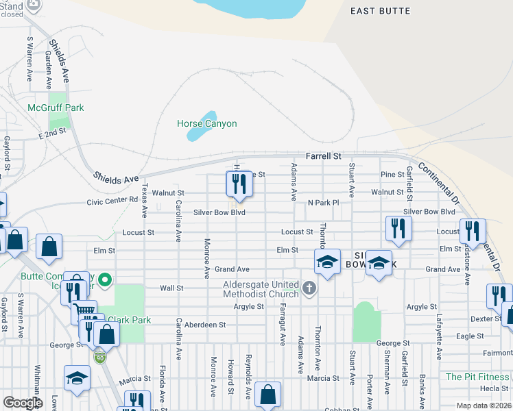 map of restaurants, bars, coffee shops, grocery stores, and more near 2219 Walnut Street in Butte