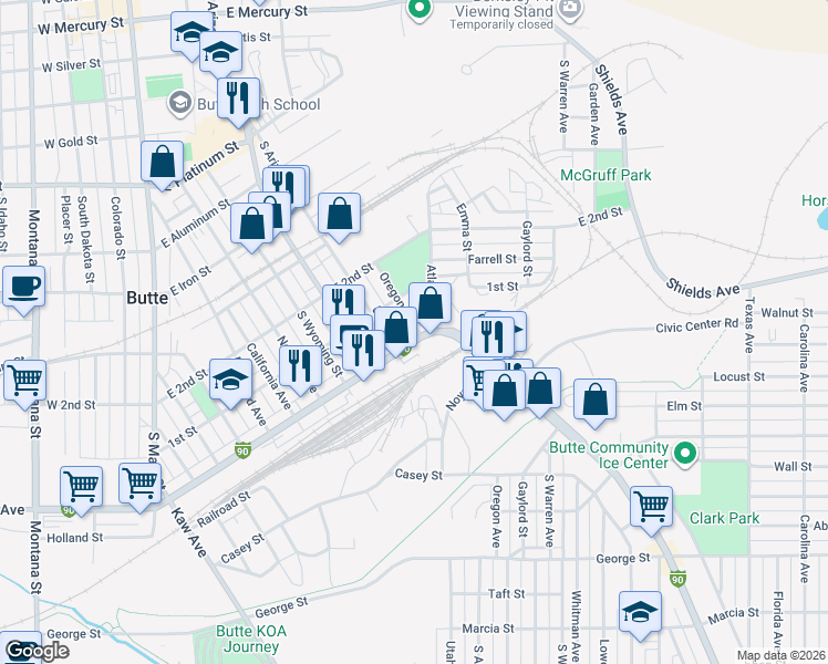 map of restaurants, bars, coffee shops, grocery stores, and more near 1027 East Front Street in Butte