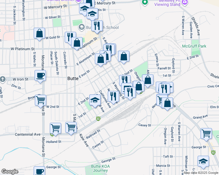 map of restaurants, bars, coffee shops, grocery stores, and more near 924 Nevada Avenue in Butte