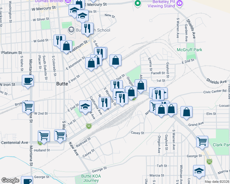 map of restaurants, bars, coffee shops, grocery stores, and more near 1028 Utah Avenue in Butte