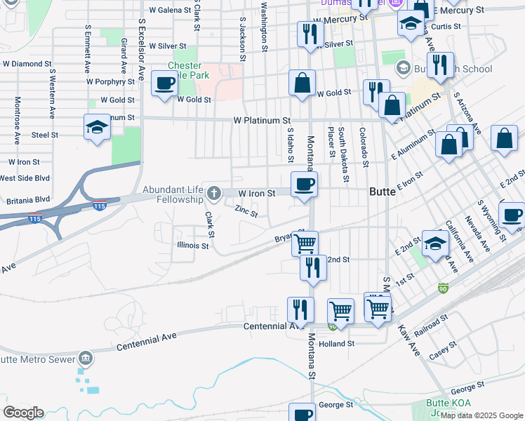 map of restaurants, bars, coffee shops, grocery stores, and more near 803 South Washington Street in Butte