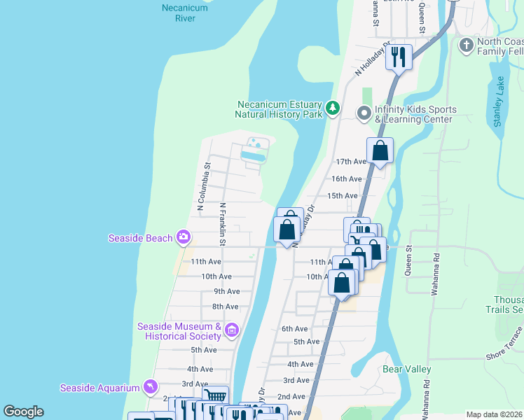 map of restaurants, bars, coffee shops, grocery stores, and more near 545 15th Ave in Seaside
