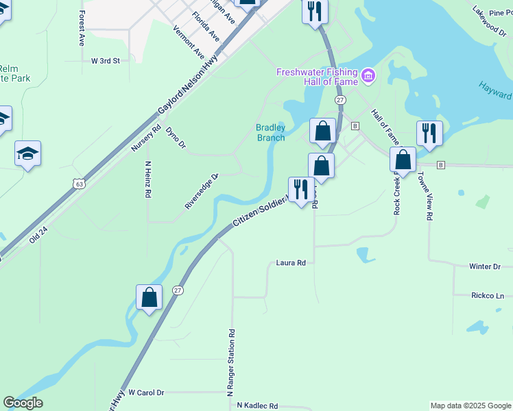 map of restaurants, bars, coffee shops, grocery stores, and more near 10249 Wisconsin 27 in Hayward