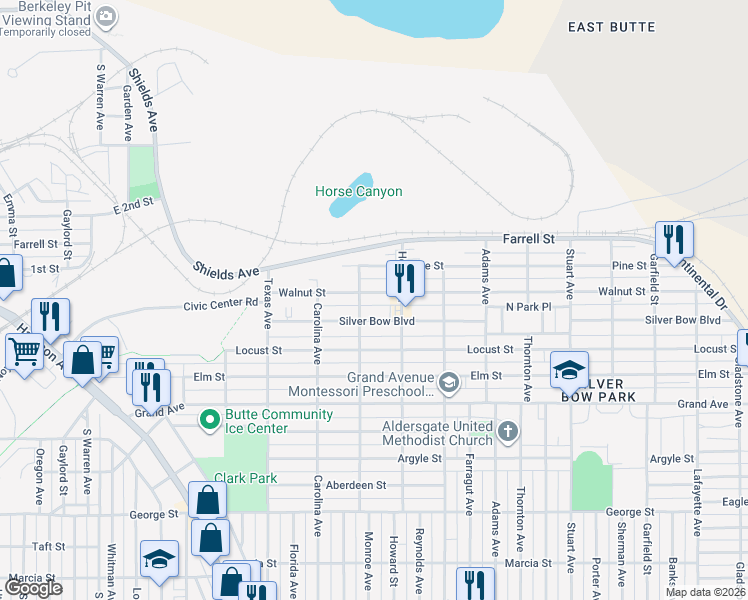 map of restaurants, bars, coffee shops, grocery stores, and more near 2039 Walnut Street in Butte