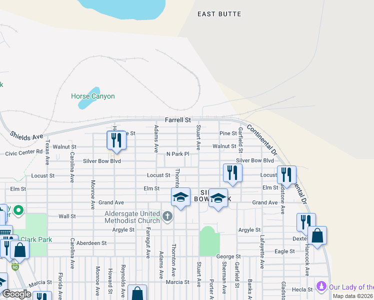 map of restaurants, bars, coffee shops, grocery stores, and more near 2501 Walnut Street in Butte