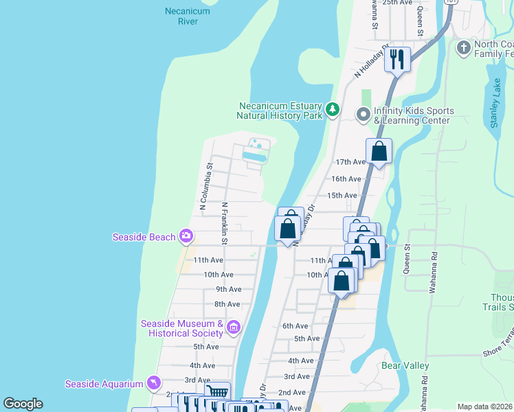 map of restaurants, bars, coffee shops, grocery stores, and more near 545 15th Avenue in Seaside