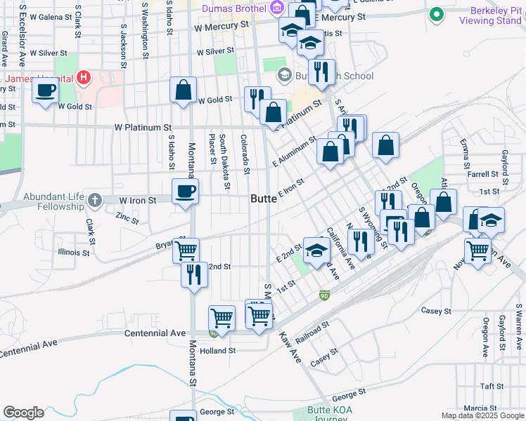 map of restaurants, bars, coffee shops, grocery stores, and more near in Butte