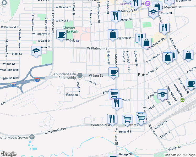 map of restaurants, bars, coffee shops, grocery stores, and more near 803 South Washington Street in Butte