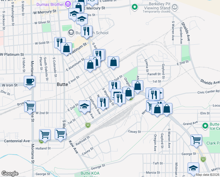 map of restaurants, bars, coffee shops, grocery stores, and more near 1017 Utah Avenue in Butte