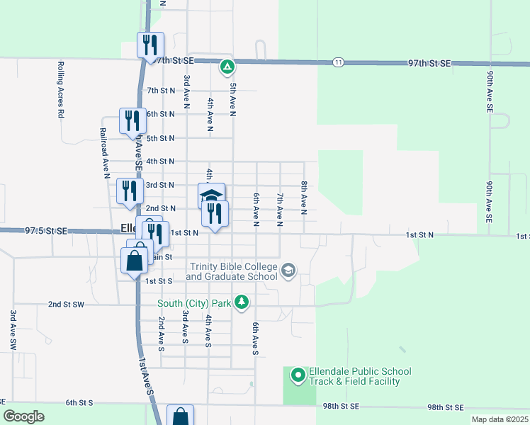 map of restaurants, bars, coffee shops, grocery stores, and more near 608 2nd Street North in Ellendale