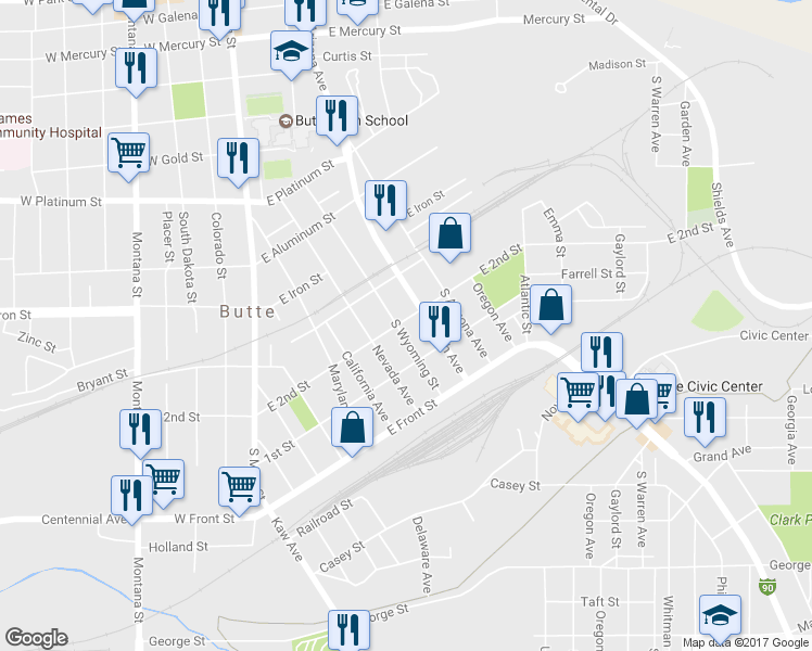 map of restaurants, bars, coffee shops, grocery stores, and more near 1004 South Wyoming Street in Butte