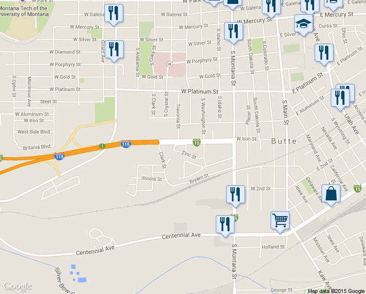 map of restaurants, bars, coffee shops, grocery stores, and more near 817 South Jackson Street in Butte