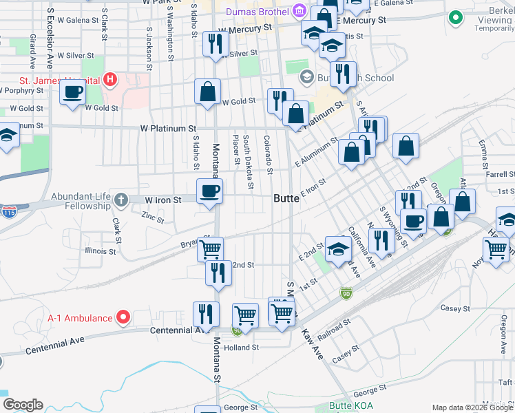 map of restaurants, bars, coffee shops, grocery stores, and more near 820 South Dakota Street in Butte