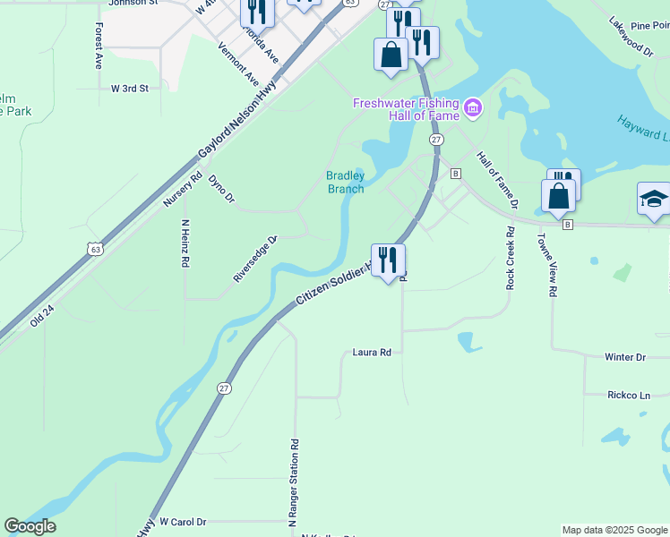 map of restaurants, bars, coffee shops, grocery stores, and more near 10249 Wisconsin 27 in Hayward