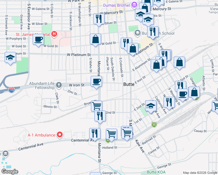 map of restaurants, bars, coffee shops, grocery stores, and more near 818 Placer Street in Butte