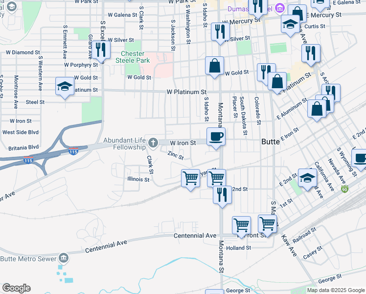 map of restaurants, bars, coffee shops, grocery stores, and more near 803 South Washington Street in Butte