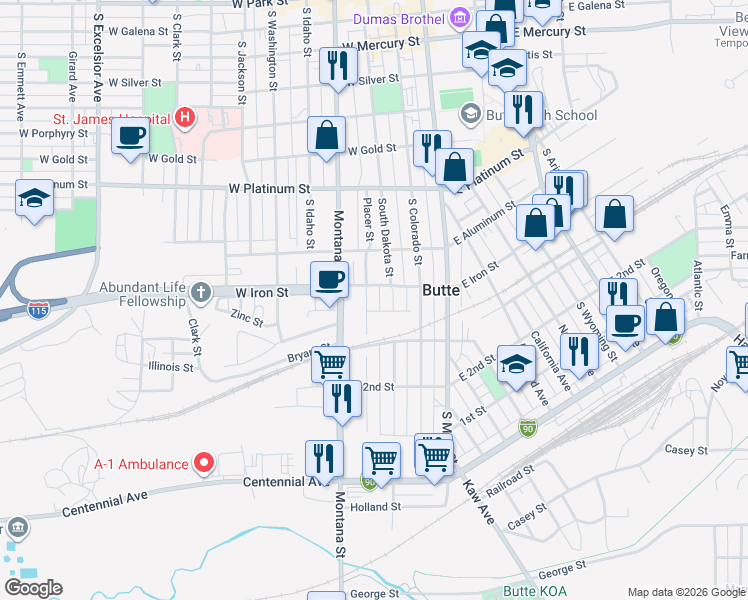 map of restaurants, bars, coffee shops, grocery stores, and more near 818 Placer Street in Butte