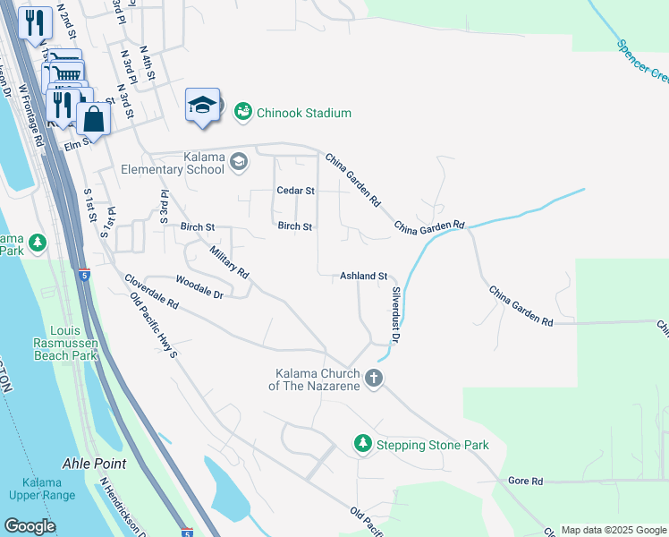 map of restaurants, bars, coffee shops, grocery stores, and more near 1080 Ashland Street in Kalama