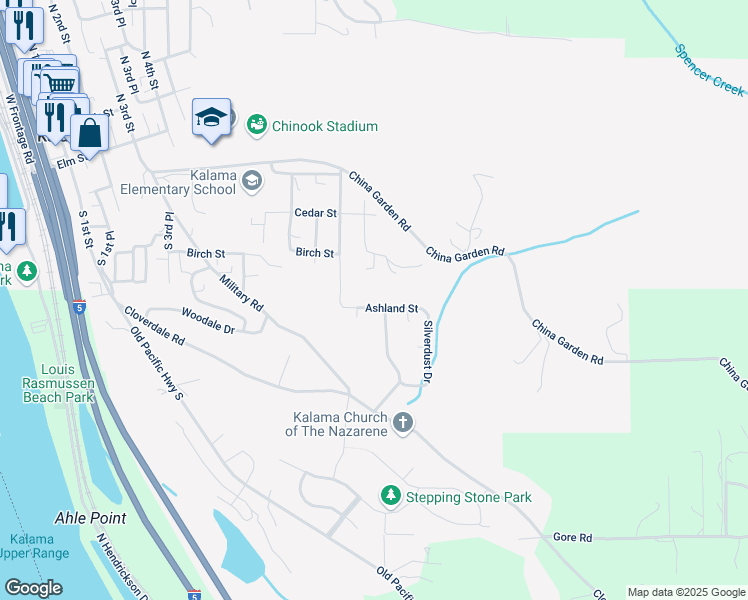 map of restaurants, bars, coffee shops, grocery stores, and more near 1080 Ashland Street in Kalama